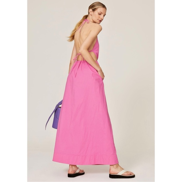 STAUD Apfel Maxi Pink Halter Open Back Lightweight Cotton Maxi Dress w/ Pockets - Picture 12 of 13